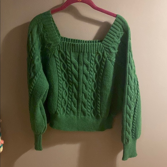 Green Cable Knit Cropped Square Neck Sweater - Picture 3 of 8
